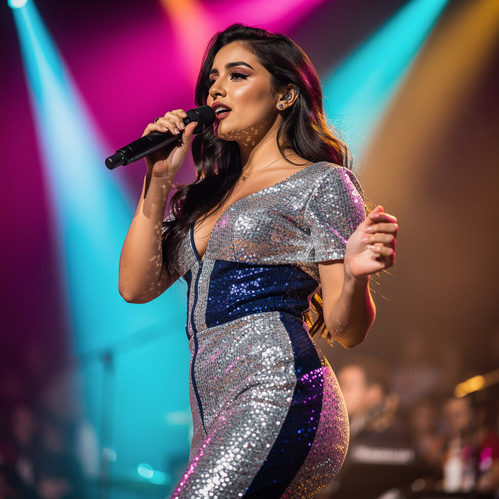 Cantante uruguaya actuando en el escenario con micrófono