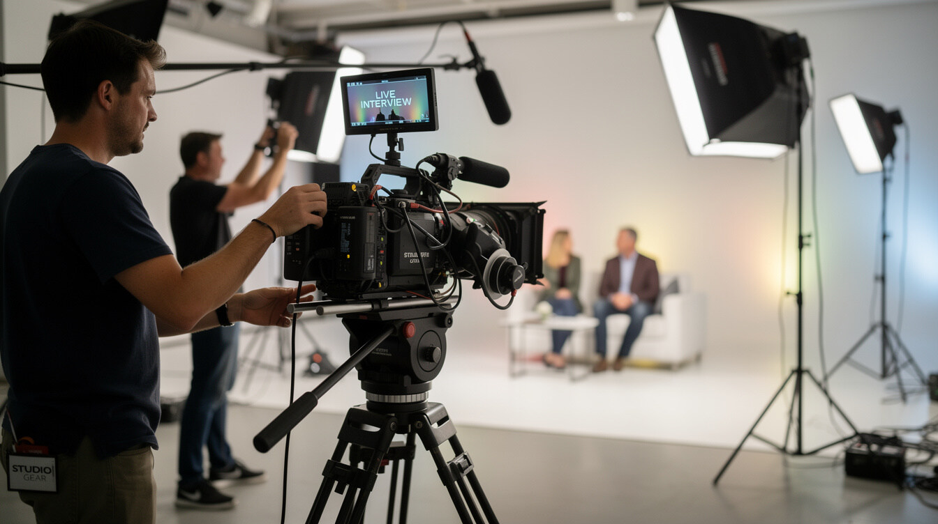 Equipo de cámara filmando una entrevista de espectáculos