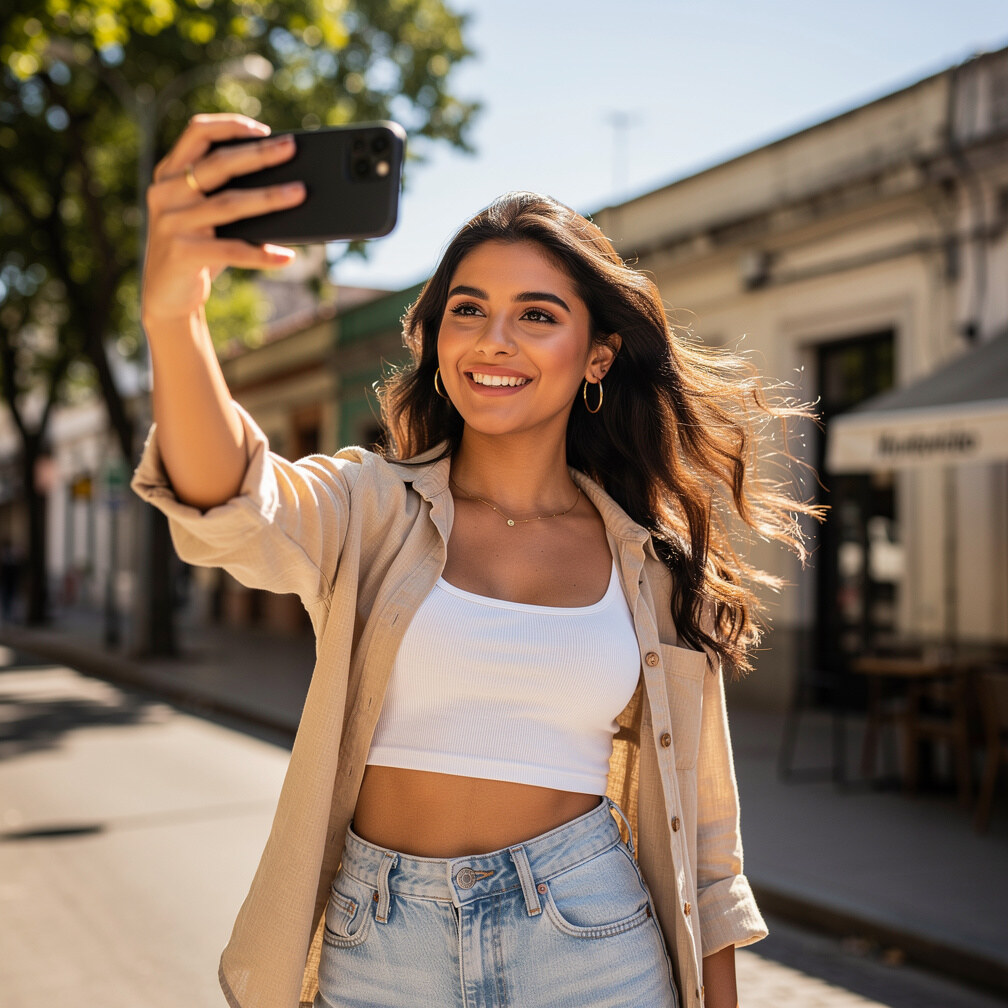 Influencer uruguaya tomándose una selfie con el celular