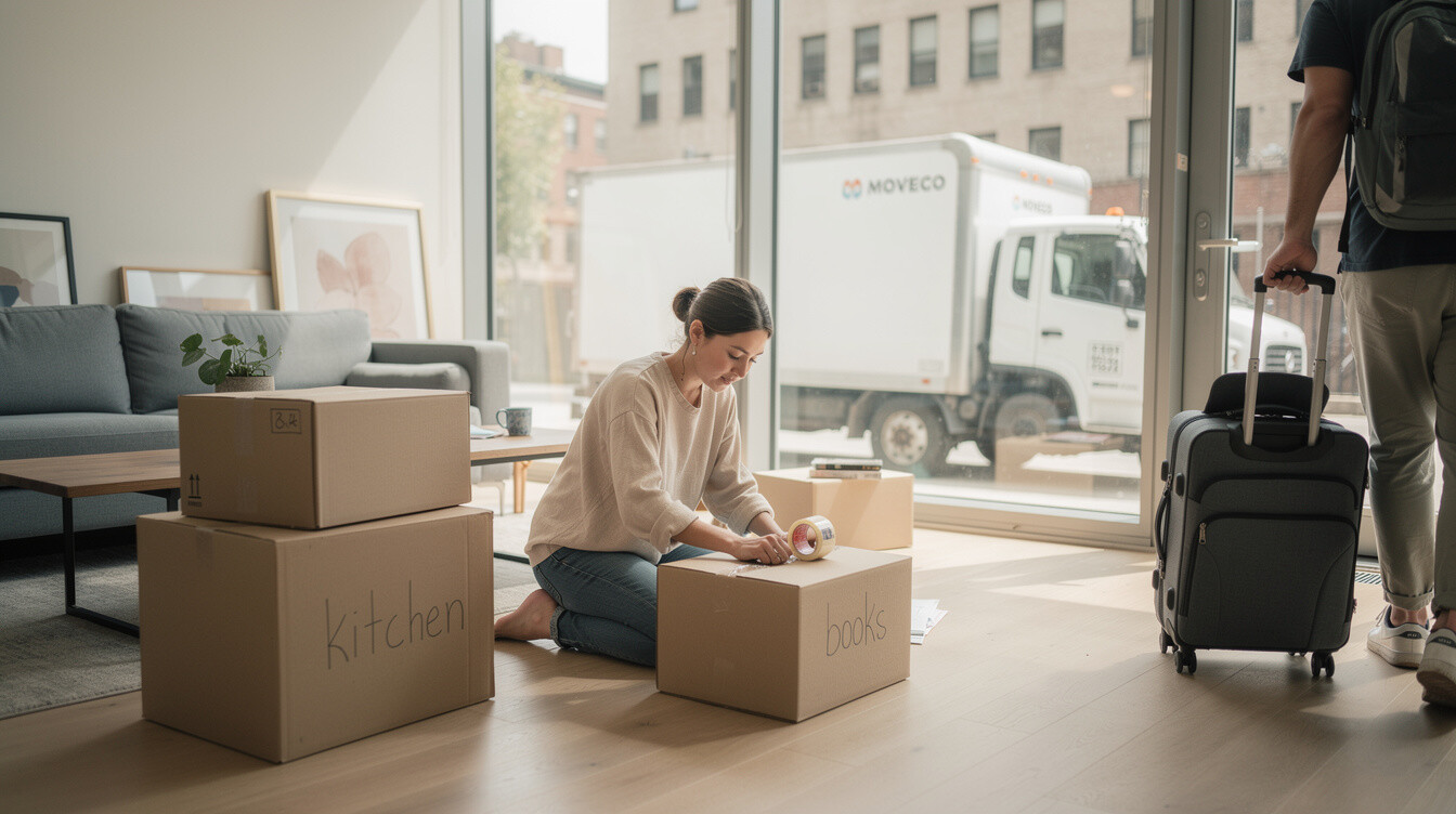 woman packing boxes in living room