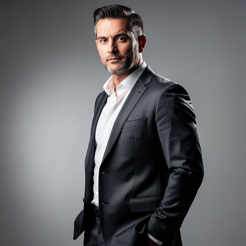 Actor uruguayo con traje elegante en un retrato de estudio
