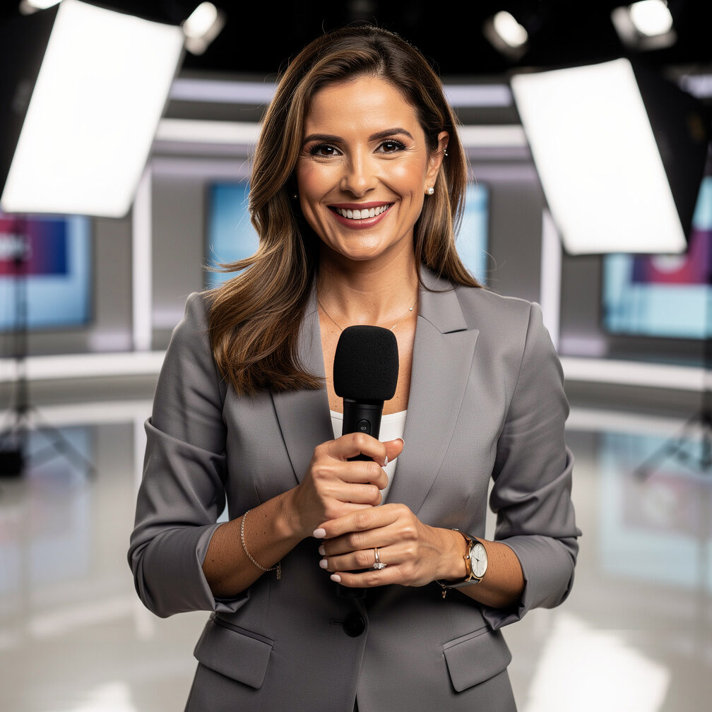 Presentadora de televisión uruguaya sonriendo en un estudio de TV