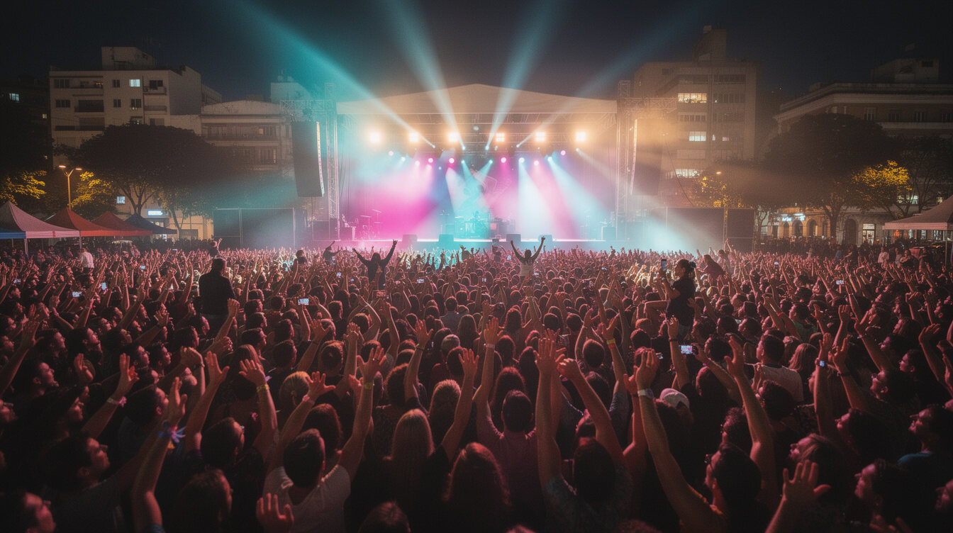 Multitud en un concierto de música en Uruguay con luces de escenario