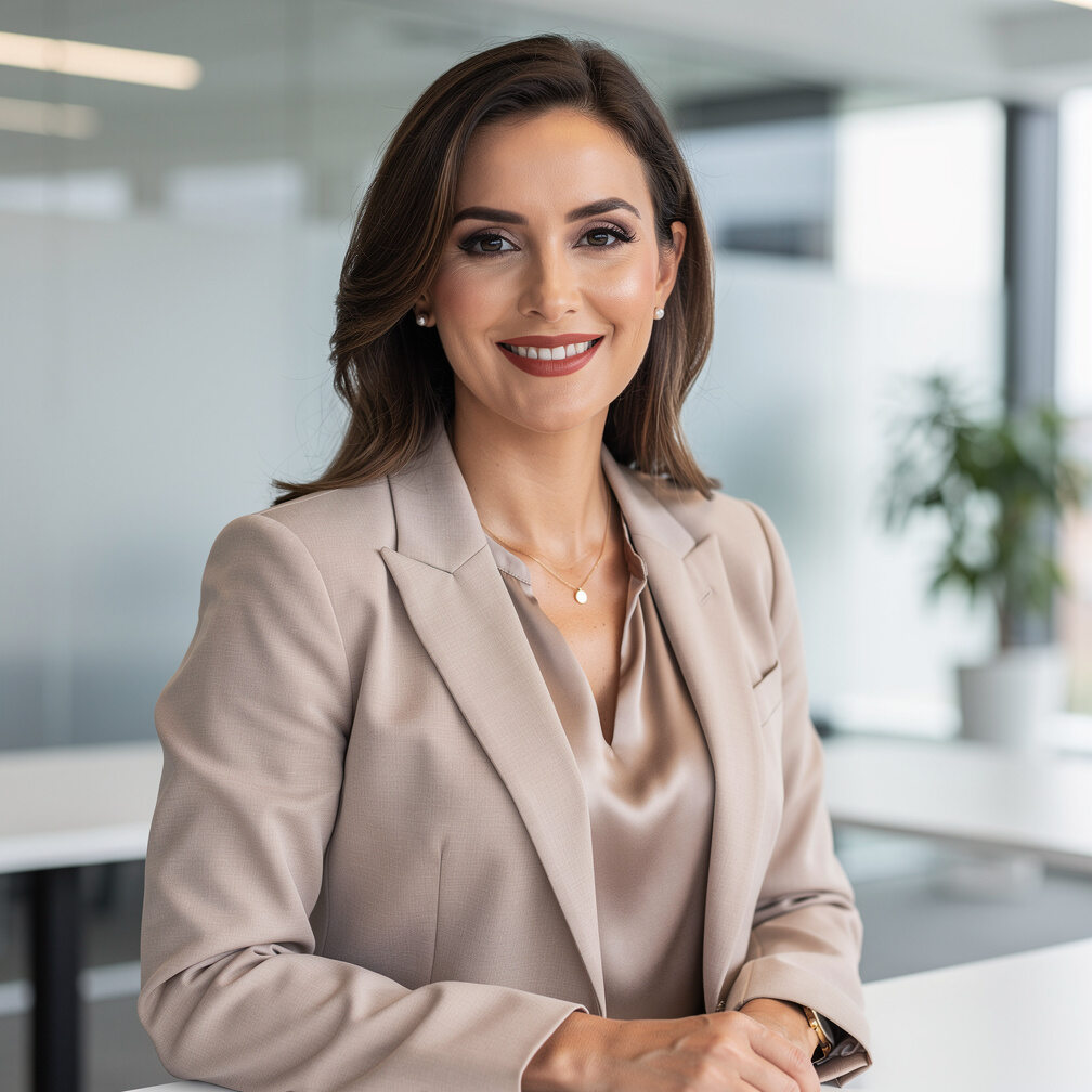 Empresaria uruguaya sonriendo en una oficina moderna